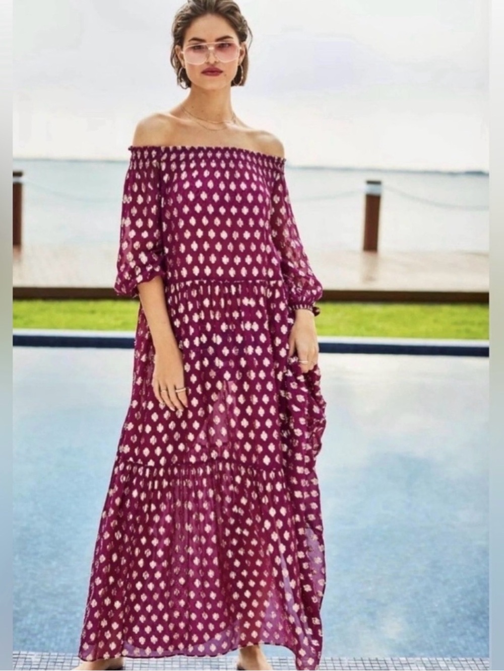 Lilly Pulitzer Dayla Maxi Cover Up Off-Shoulder Burgundy Purple  Dress XS